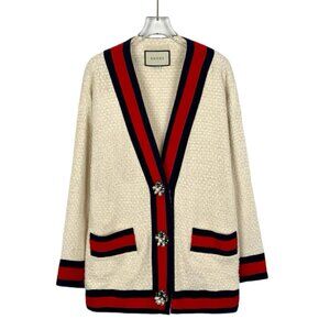 Gucci Beige Pearl Buckle Striped Cotton V-Neck Long Sleeve Knitted Cardigan Coat